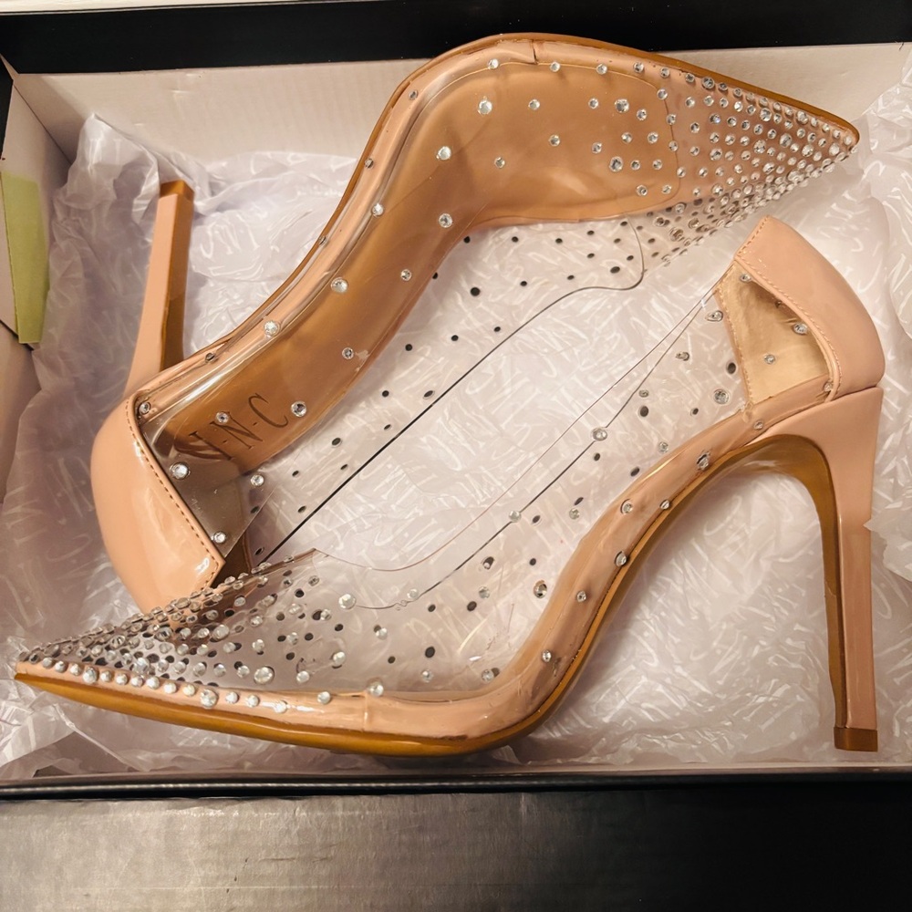 Nude Clear Pointed Toe Stiletto Pumps with Crystal Accents